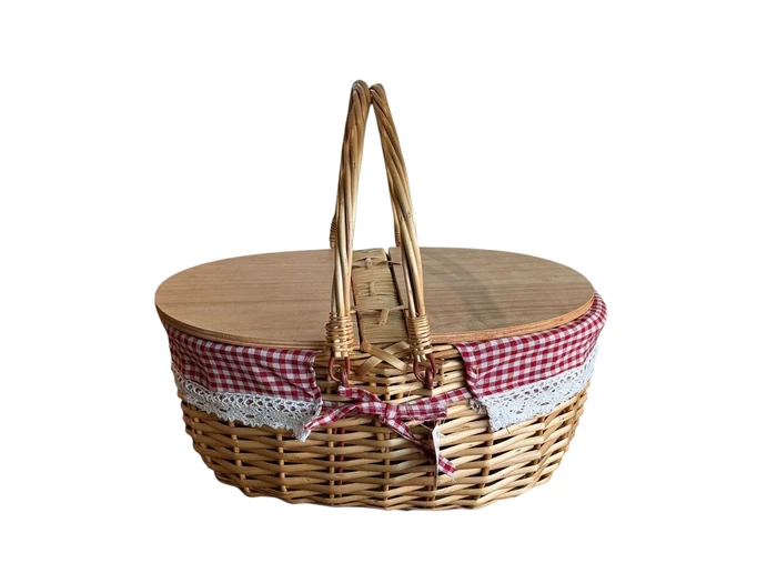 סל פיקניק קש עם מכסה עץ