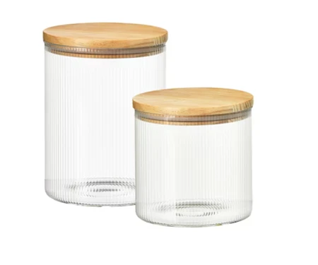 סט 4 צנצנות עגולות עם פסים ומכסה במבוק